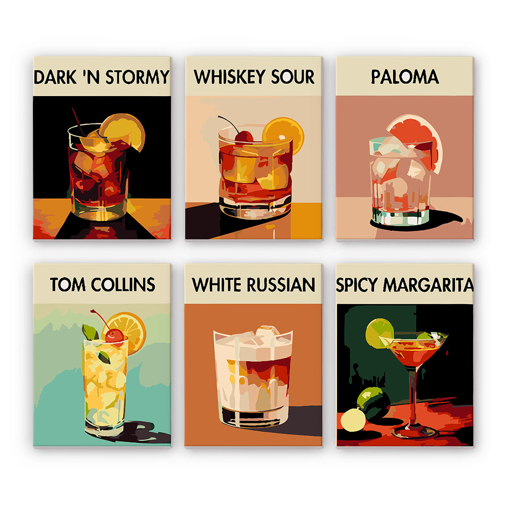 A set of six canvas paint-by-numbers kits with images of different cocktails, including the Dark 'n Stormy, Whiskey Sour, Paloma, Tom Collins, White Russian, and Spicy Margarita.