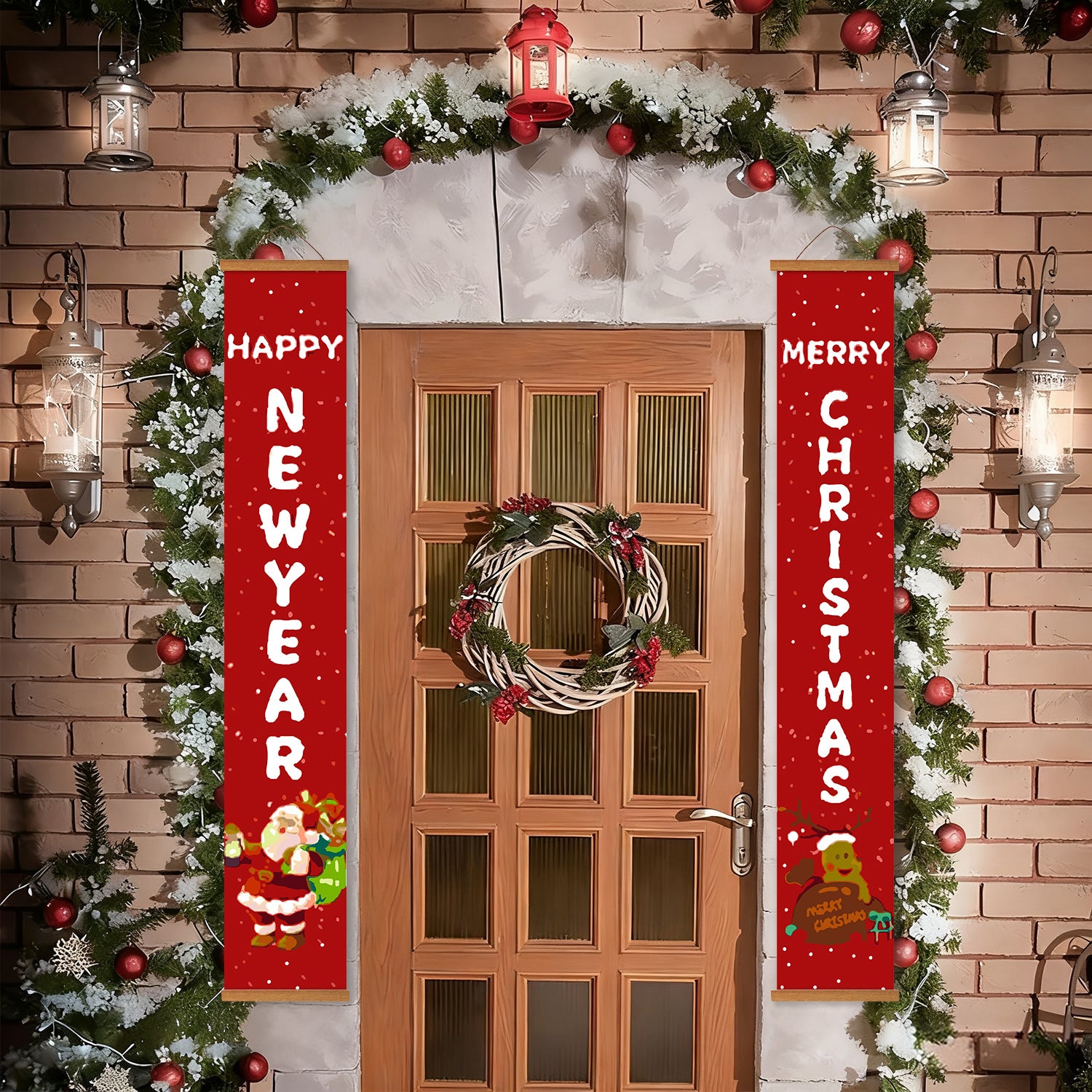 Dekorative Weihnachtstür mit „Frohes Neues Jahr“- und „Frohe Weihnachten“-Bannern, Kranz und Girlande.