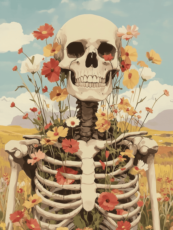 A paint by numbers kit depicting a skeleton adorned with blooming flowers set against a blue sky with clouds, representing the cycle of life and renewal.