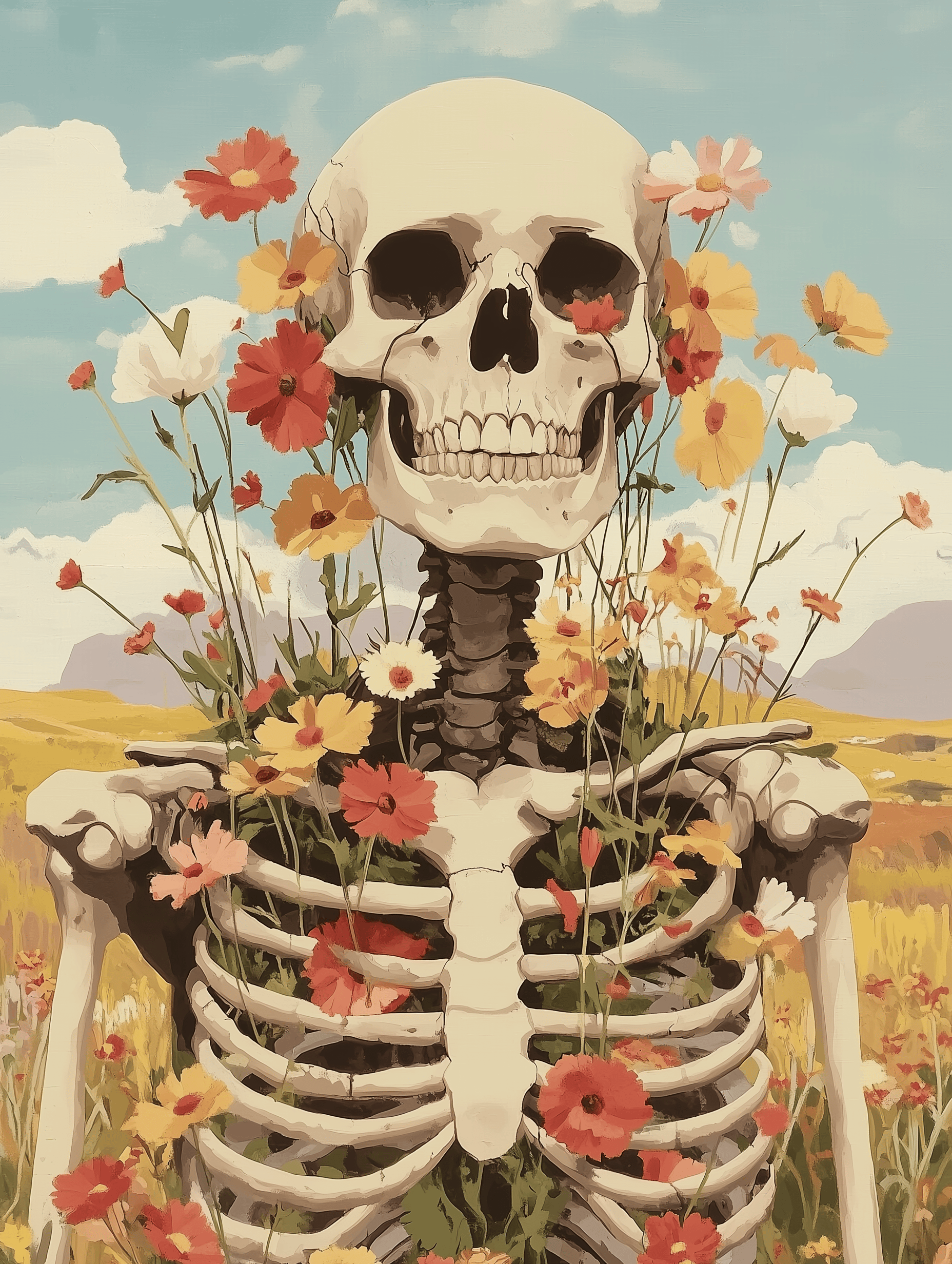 A paint by numbers kit depicting a skeleton adorned with blooming flowers set against a blue sky with clouds, representing the cycle of life and renewal.