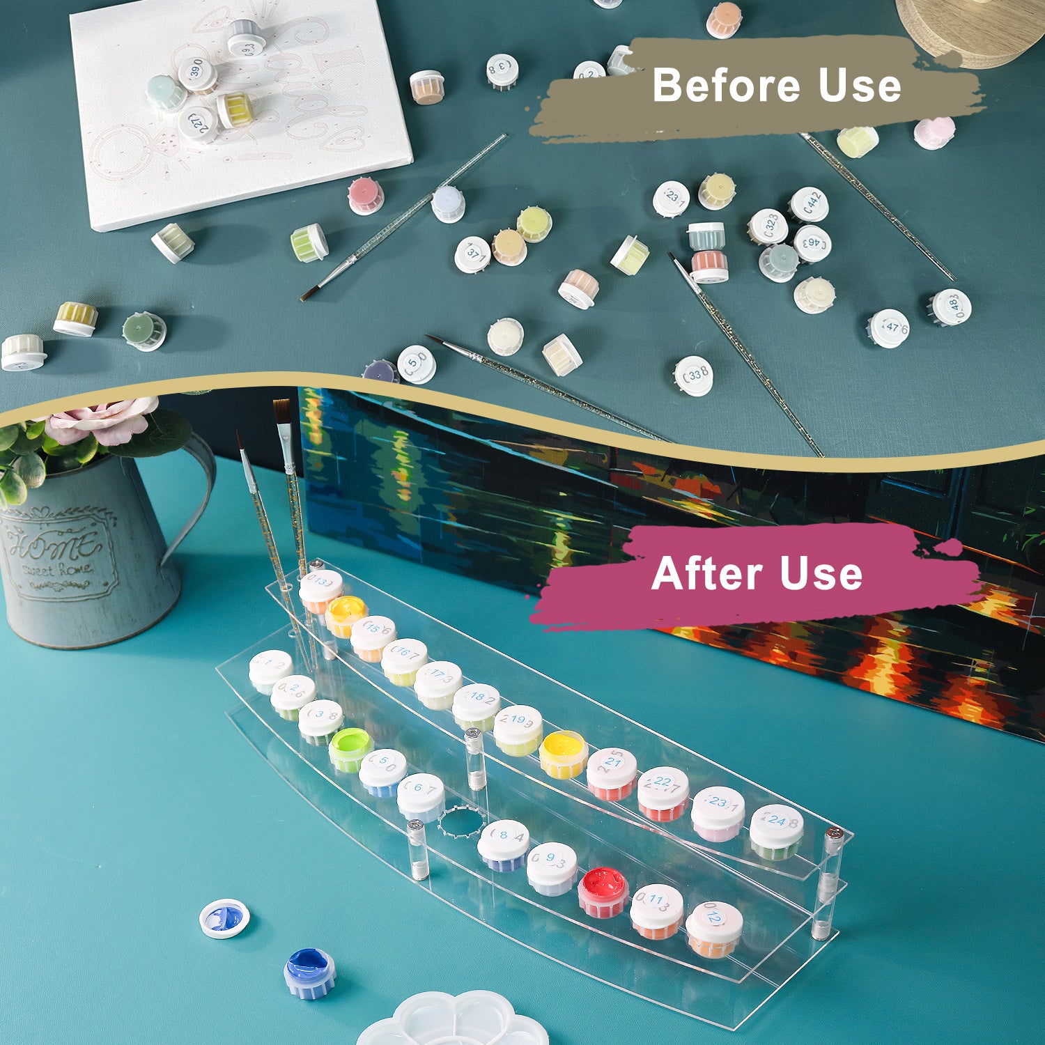 Comparison of paint containers before and after use on a teal surface with decorative elements.