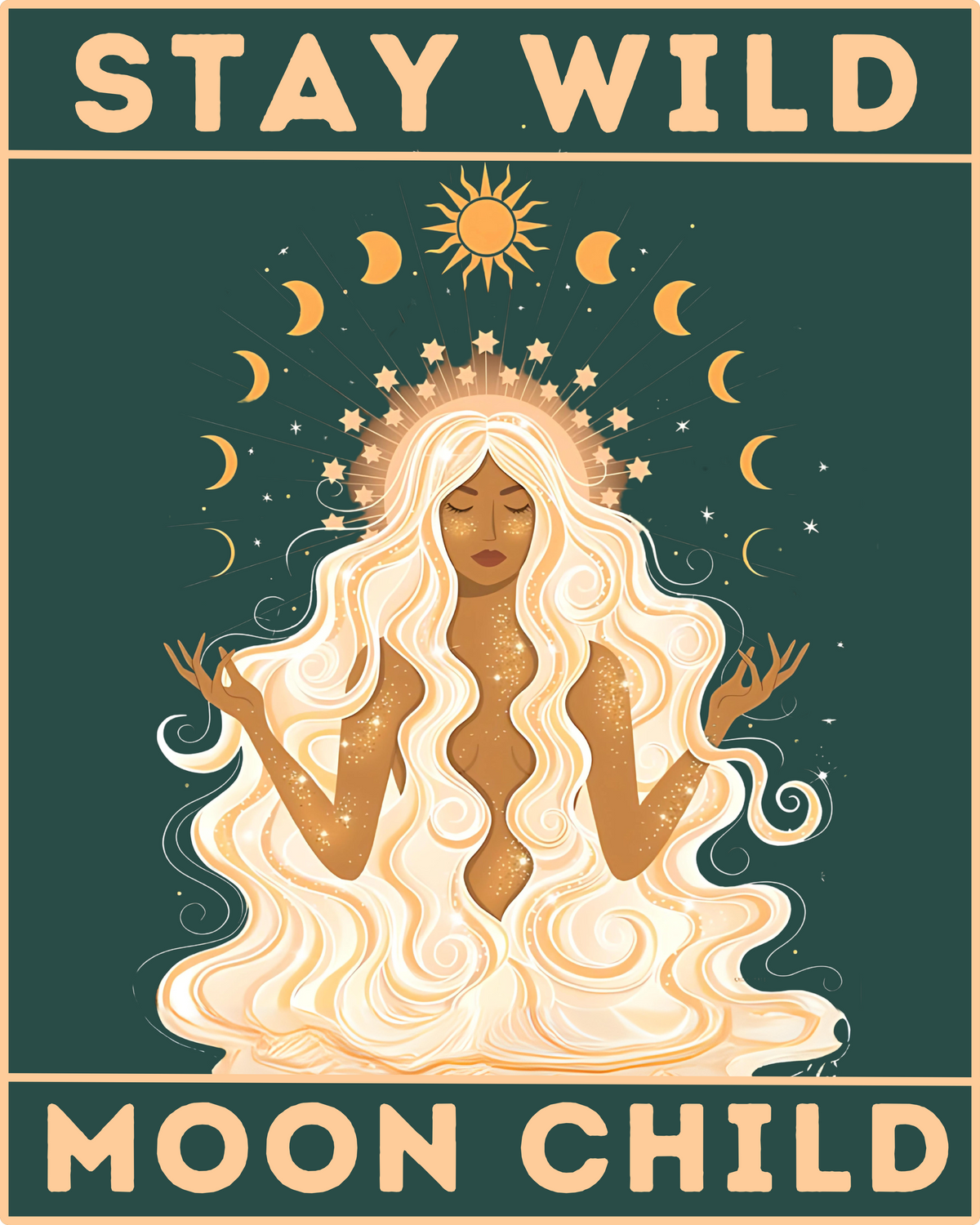 Un kit de peinture par numéros sur un thème céleste, comprenant une figure de déesse de la lune aux cheveux flottants, entourée de lunes, d'étoiles et la phrase « STAY WILD MOON CHILD » en haut et en bas.