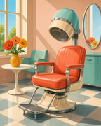 An orange salon chair beneath a hooded hair dryer in a pastel vintage interior.
