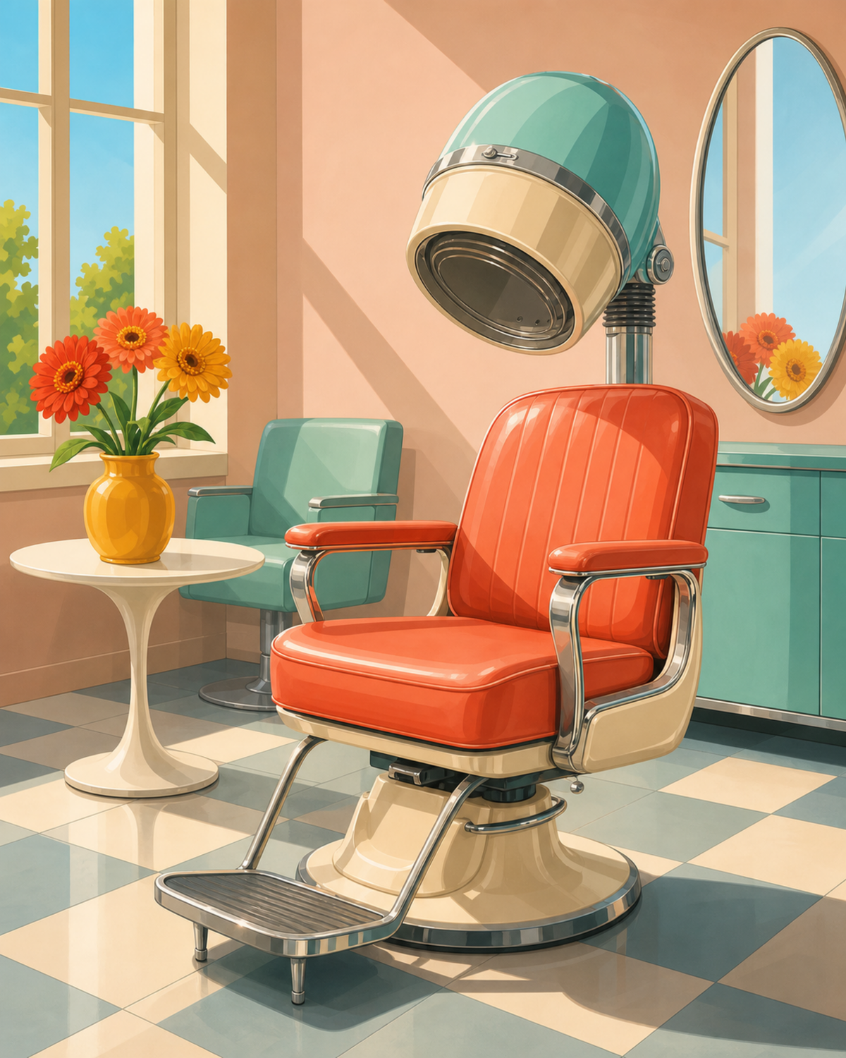 An orange salon chair beneath a hooded hair dryer in a pastel vintage interior.