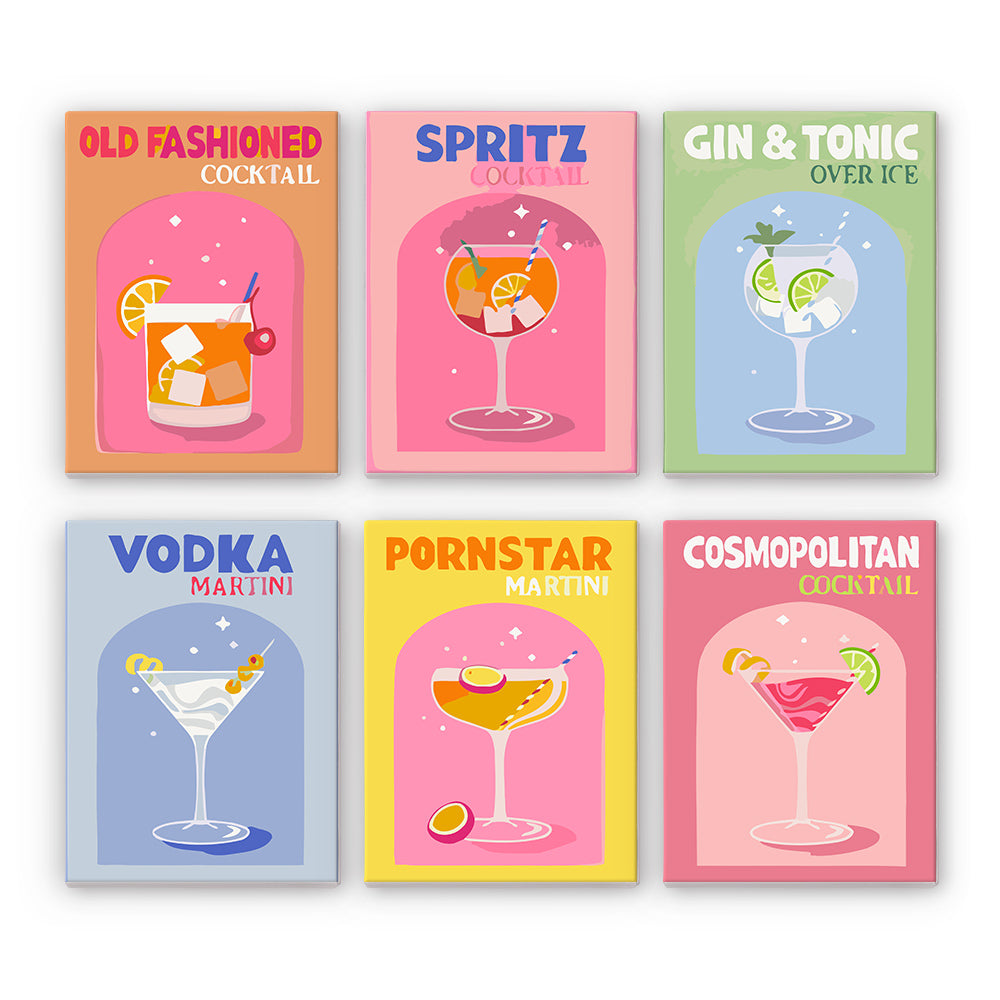 A set of six paint by numbers kits with illustrations of various cocktails including Old Fashioned, Spritz, Gin & Tonic, Vodka Martini, Pornstar Martini, and Cosmopolitan.