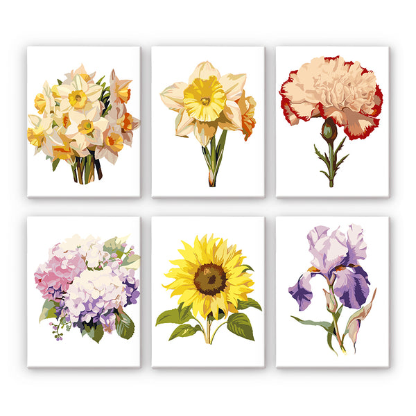 A set of six paint-by-number kits with various floral designs including sunflowers and irises.