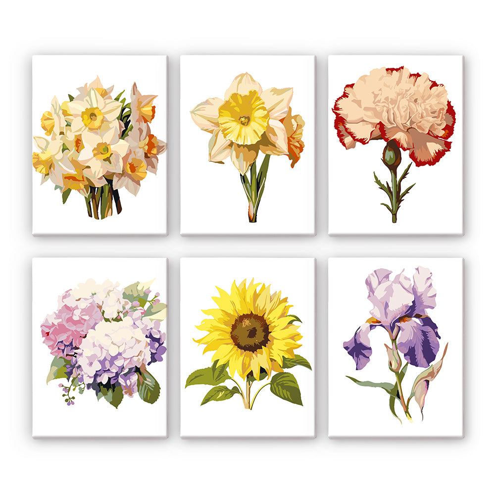 A set of six paint-by-number kits with various floral designs including sunflowers and irises.