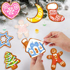 Decorative gingerbread cookies shaped like a heart, moon, stocking, star, tree, and gingerbread man on a snowy background.