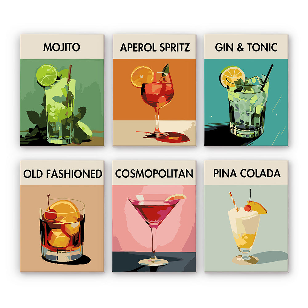 A set of six paint by numbers designs with illustrations of various cocktails including Mojito, Aperol Spritz, Gin & Tonic, Old Fashioned, Cosmopolitan, and Pina Colada.