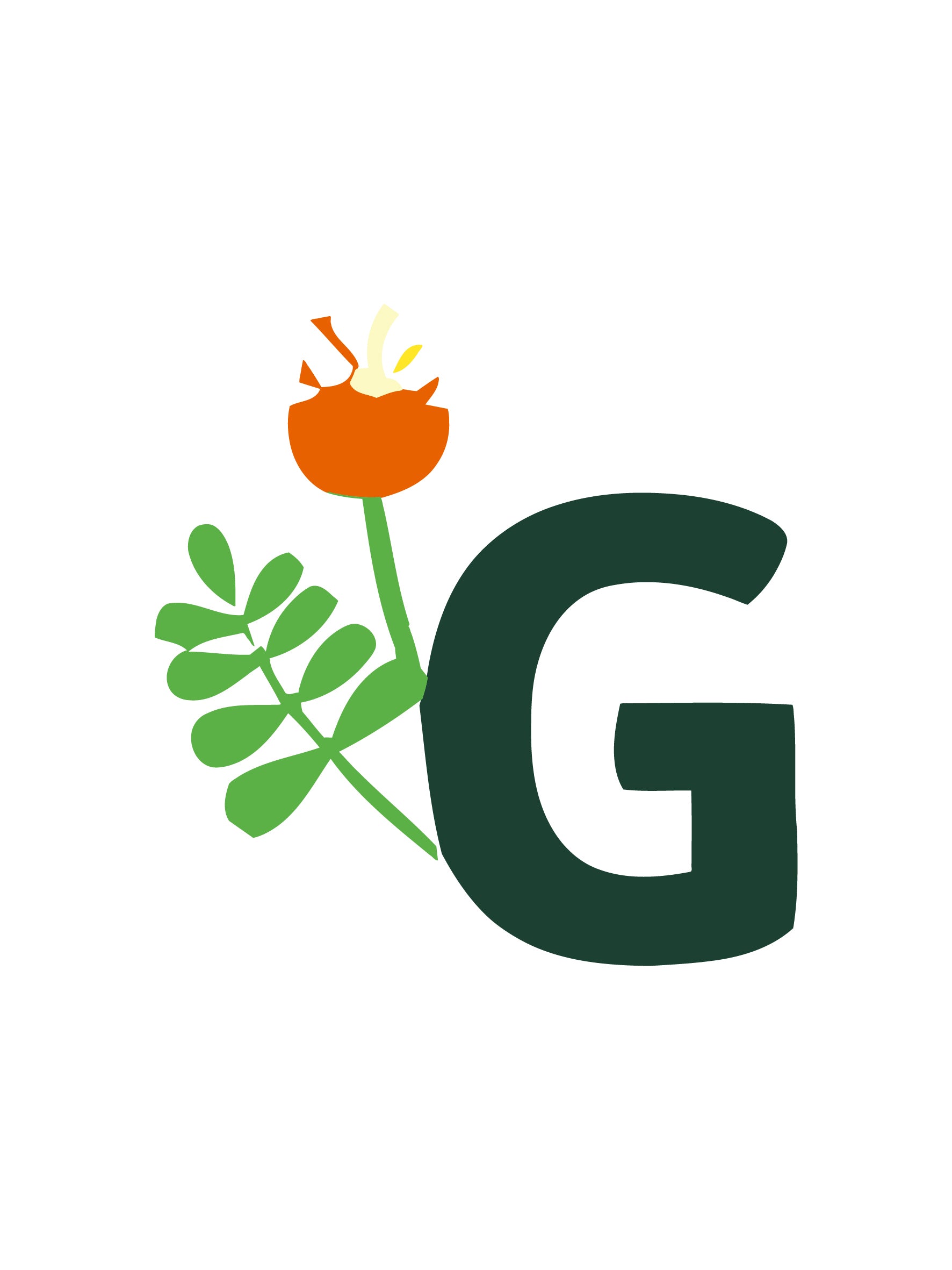 Logo with a letter 'G' and a stylized flower on a white background