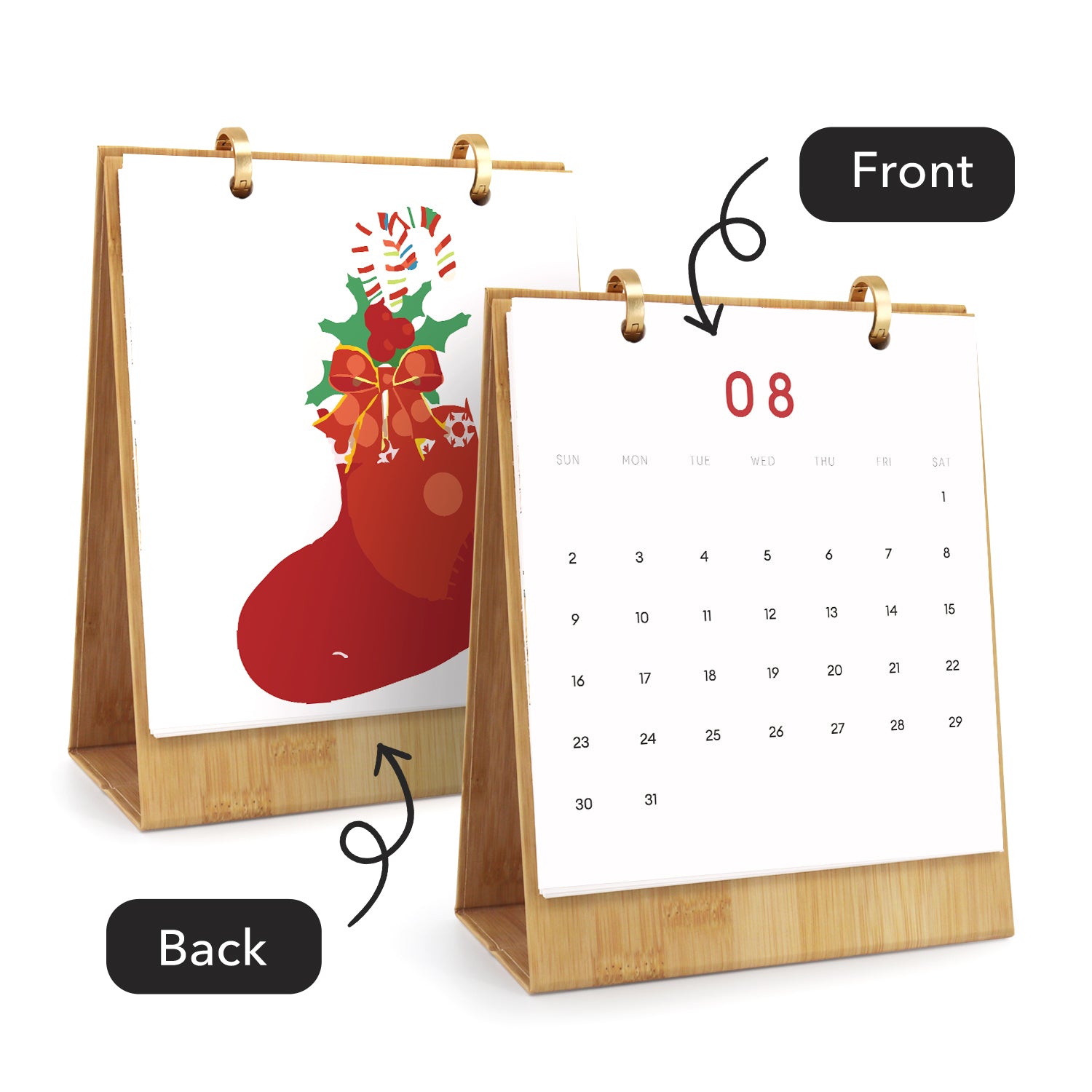 Kalender mit Weihnachtsstrumpf-Design auf der Vorderseite, der sowohl die Vorder- als auch die Rückseite zeigt.