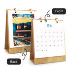 Calendar with wooden stand showing front and back views on a white background