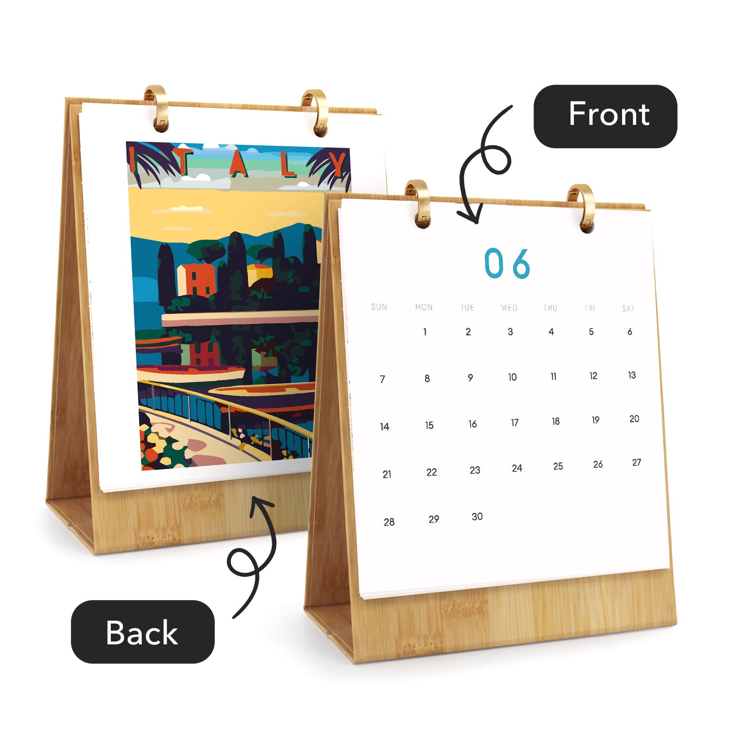 Calendar with wooden stand showing front and back views on a white background