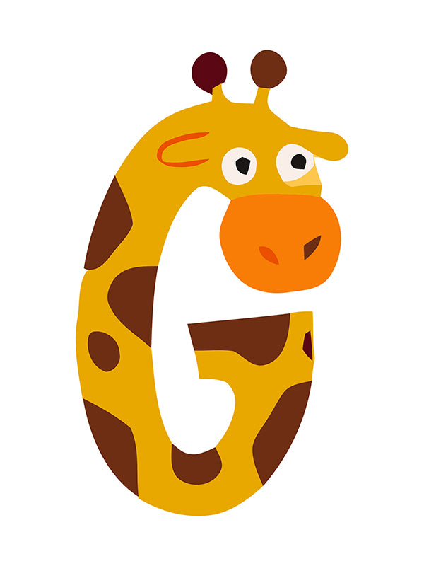 Cartoon letter 'G' shaped like a giraffe on a white background