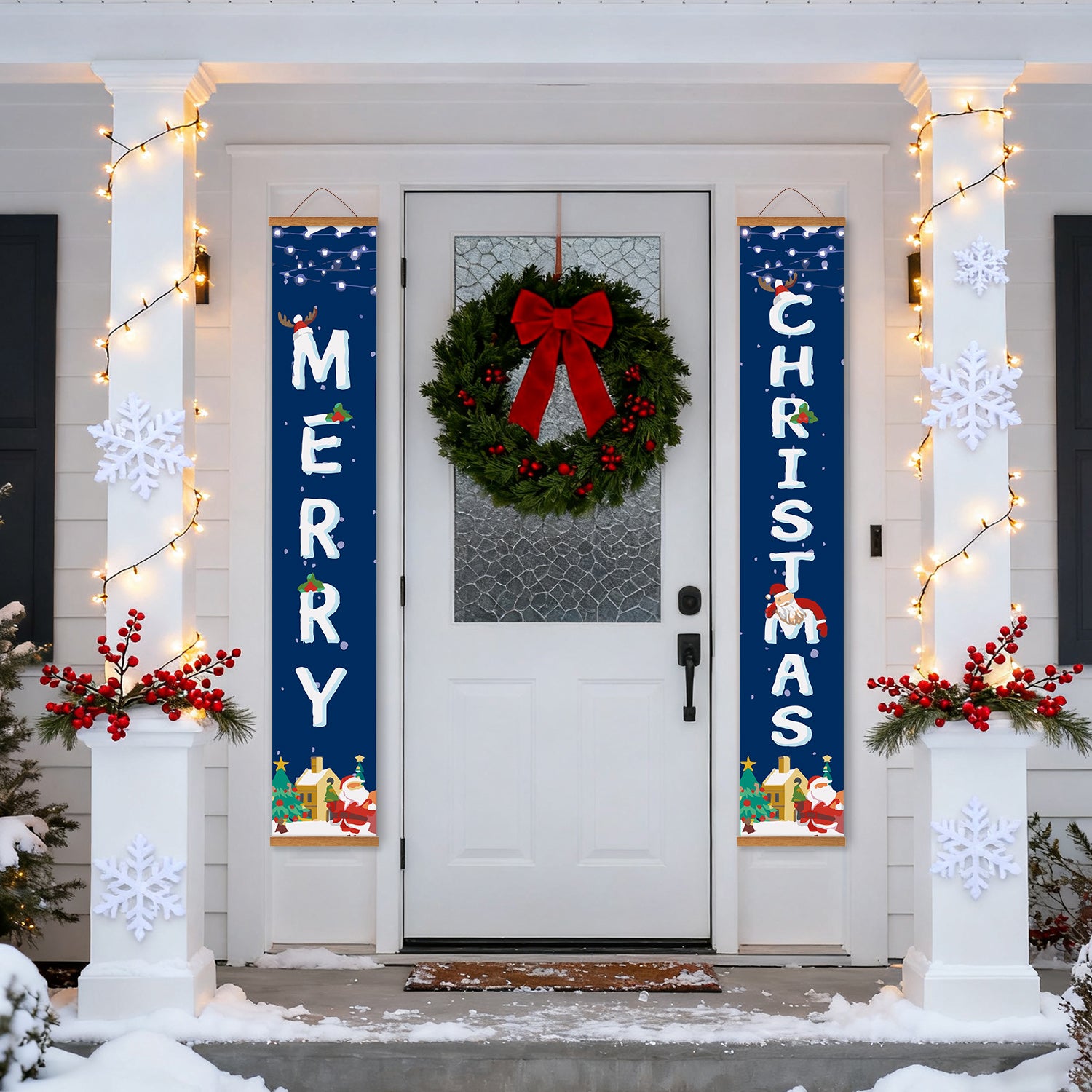 Front door decorated with Christmas wreath, banners, and lights