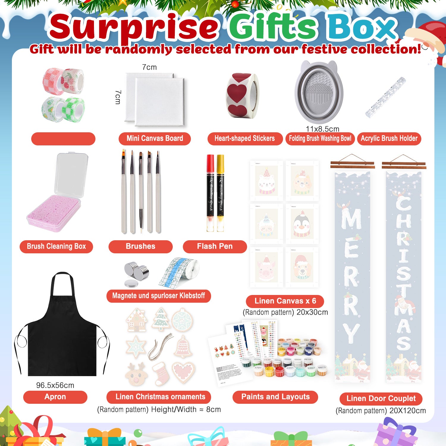 Surprise Gifts Box with various art supplies and Christmas-themed items on a festive background.