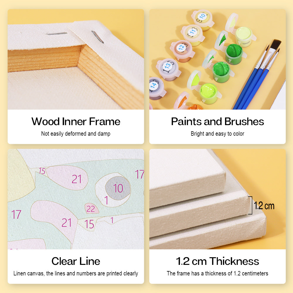 Collage of art supplies including a wood inner frame, paints and brushes, clear line canvas with numbers, and measurements.