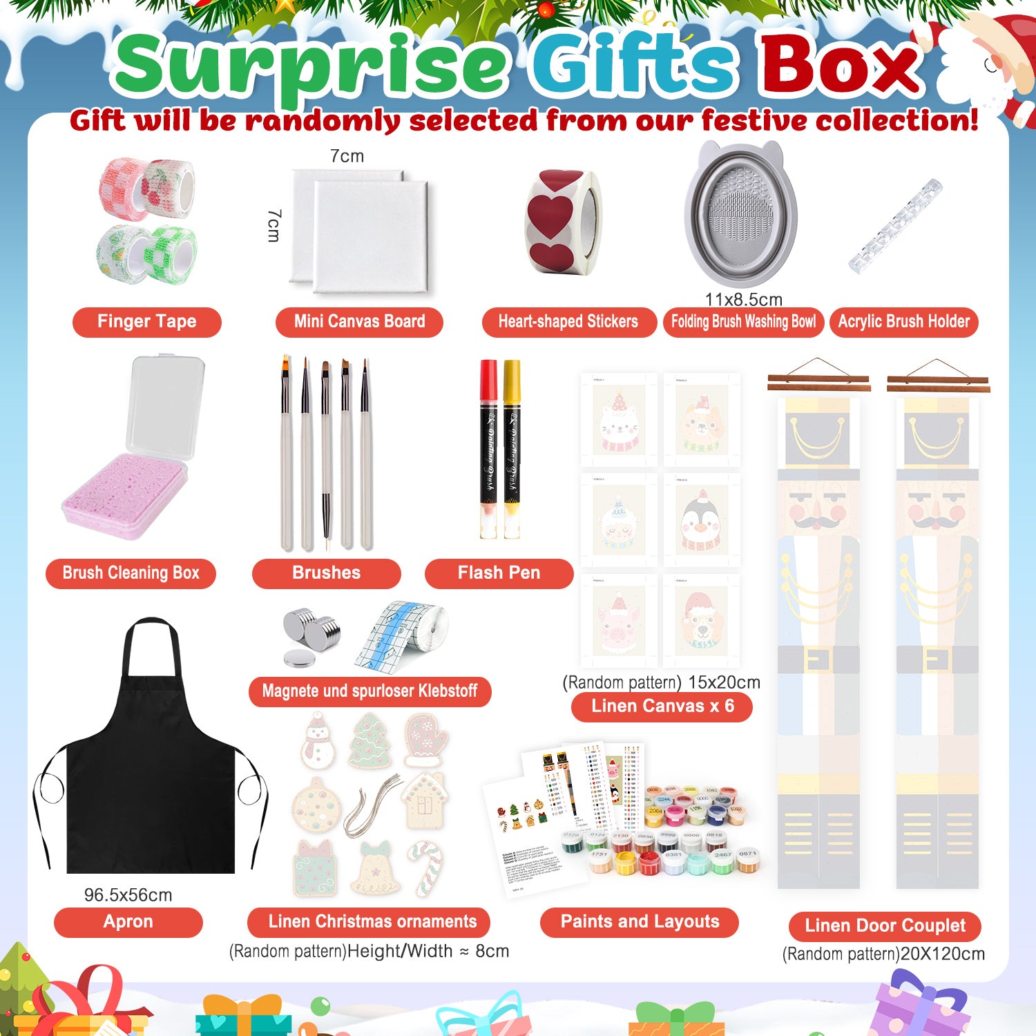 Surprise gift box contents including art supplies and decor items on a festive background.