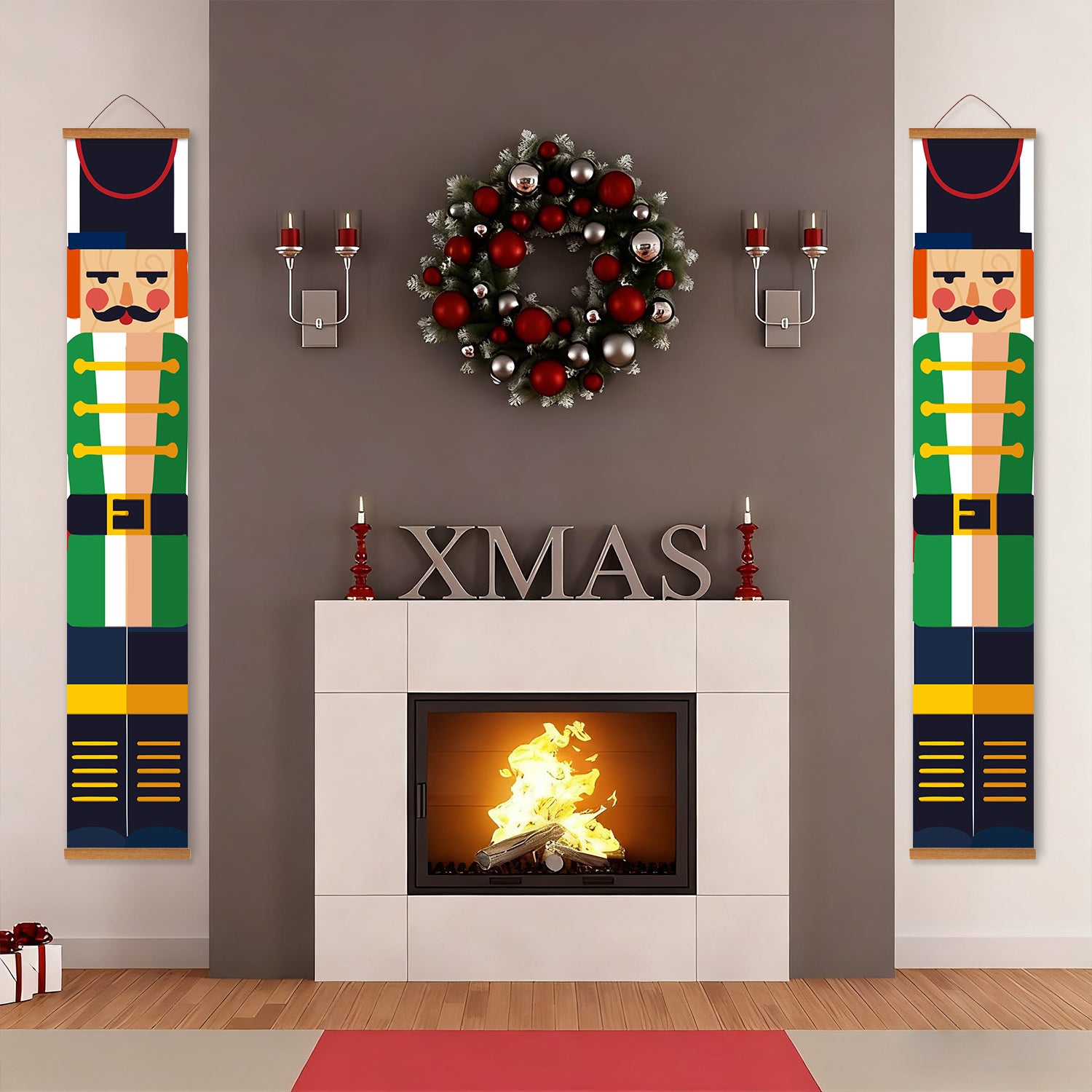 Decorative Christmas scene with nutcrackers, wreath, and 'XMAS' letters in front of a fireplace.