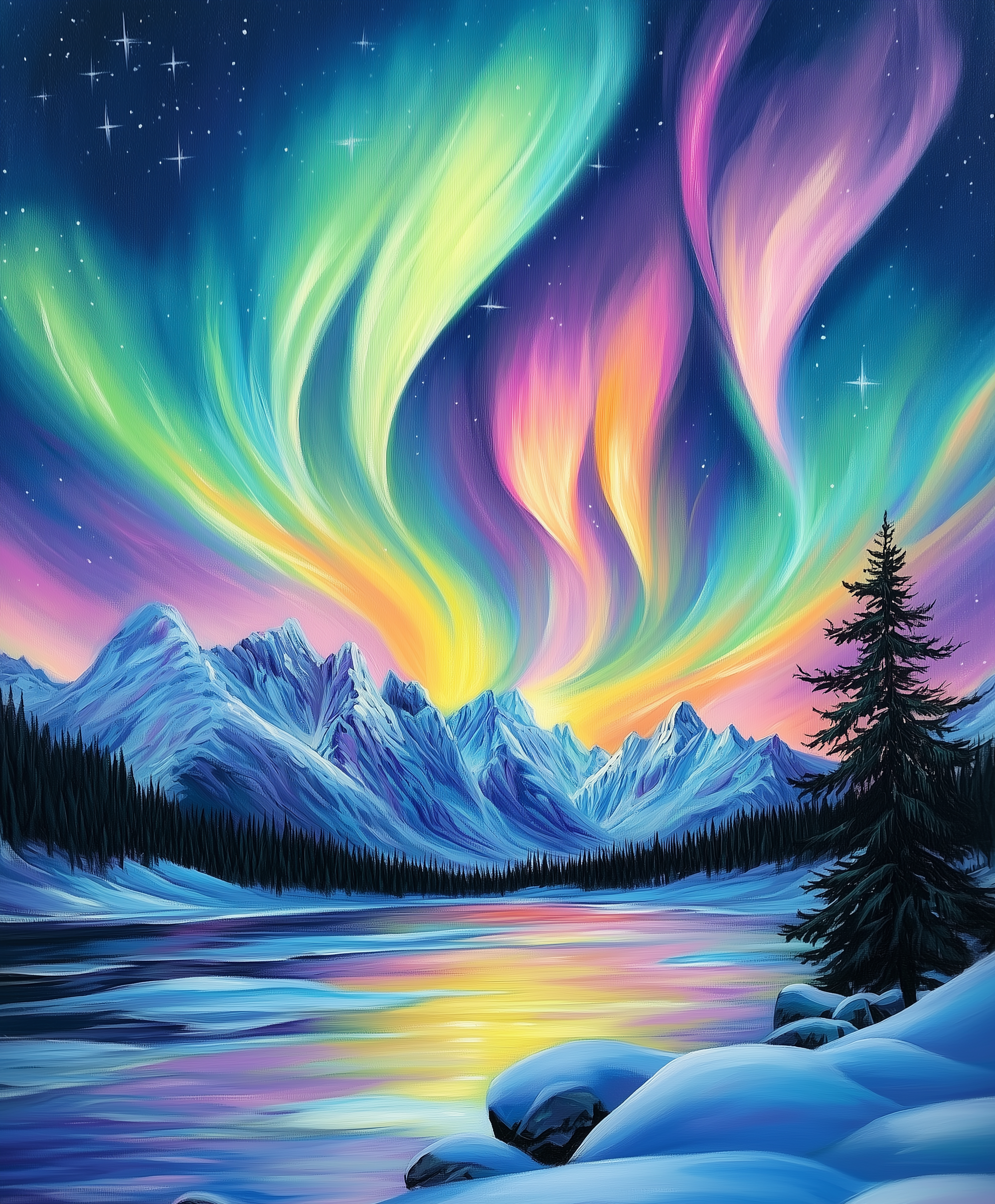 A paint by numbers kit depicting a vibrant aurora borealis over a snow-covered mountain range and a quiet river.