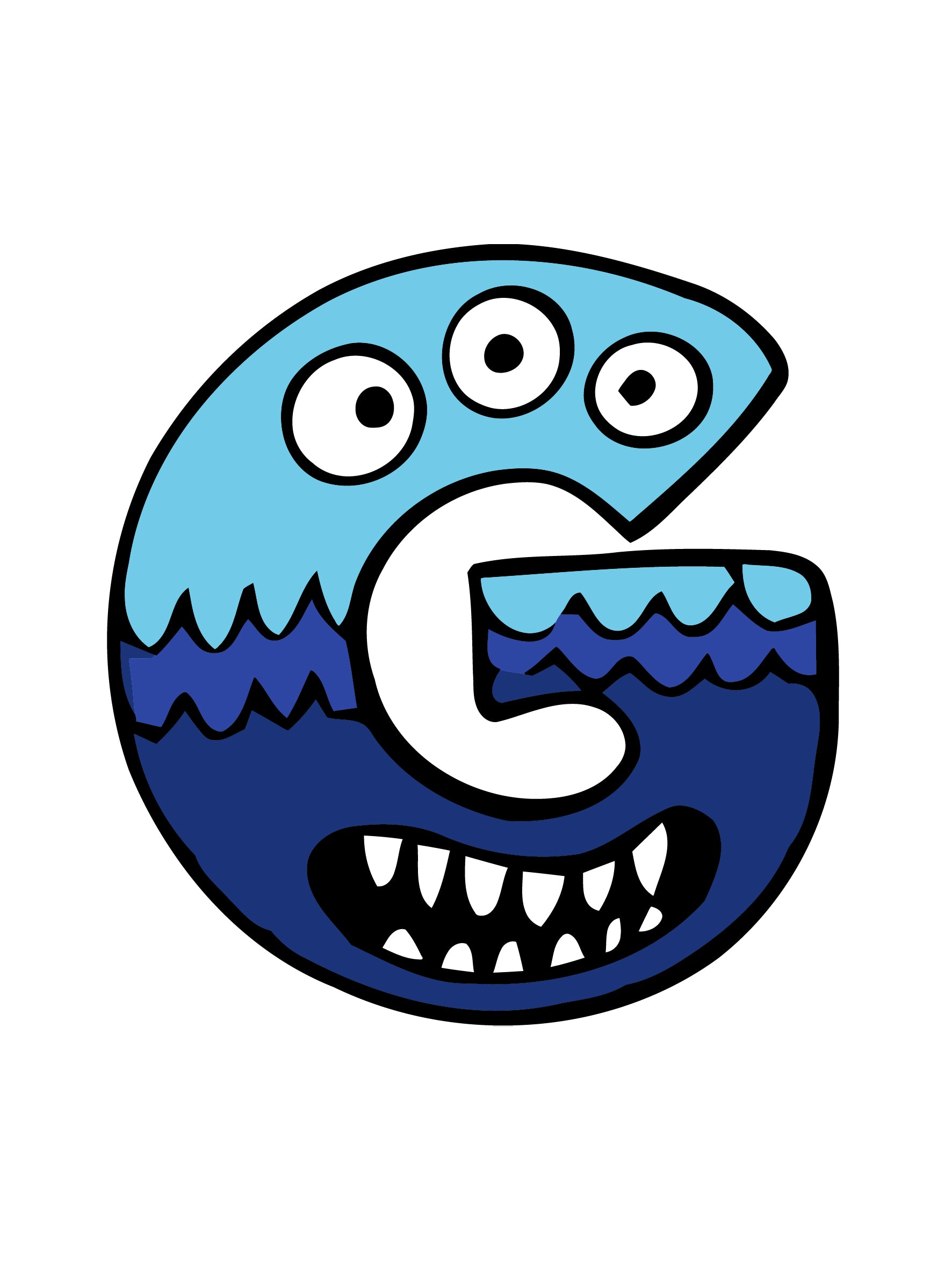 Blue and white letter 'G' with a monster face on a white background