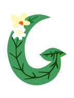Green letter 'G' with floral elements on a white background