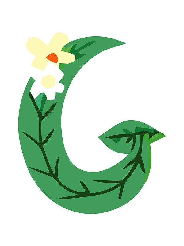 Green letter 'G' with floral elements on a white background