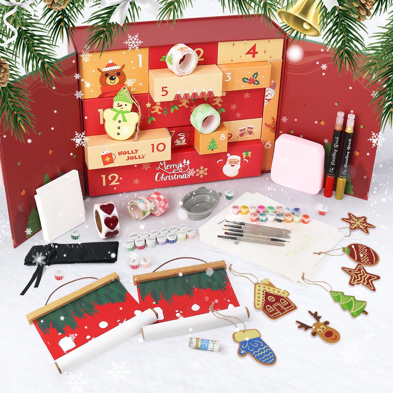 Christmas advent calendar with craft materials on a white background