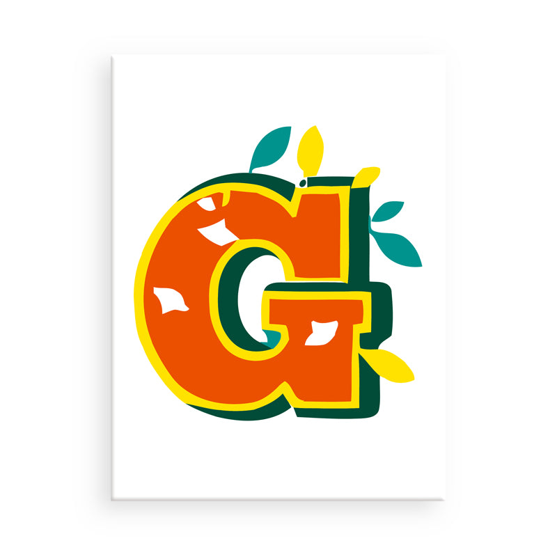 Colorful letter 'G' with decorative elements on a white background
