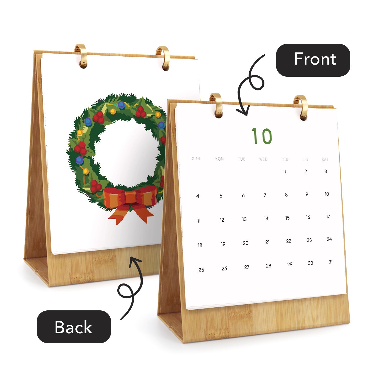 Calendario con diseño de corona navideña en el frente, que muestra vistas frontal y posterior.