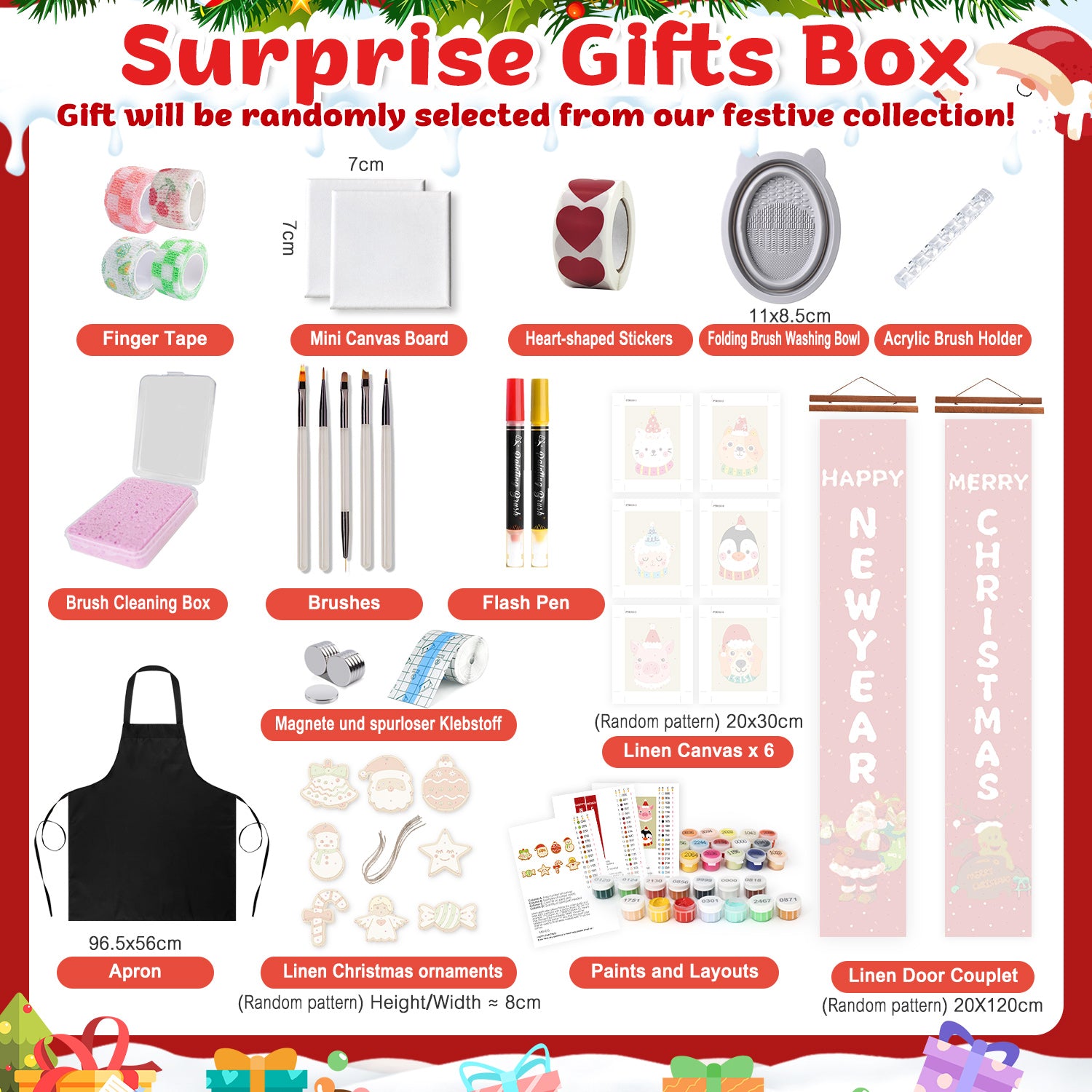 Surprise Gifts Box with various items including a mini canvas board, heart-shaped stickers, and a black apron on a festive background.