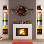 Decorative Christmas scene with nutcrackers, wreath, and 'XMAS' letters in front of a fireplace.