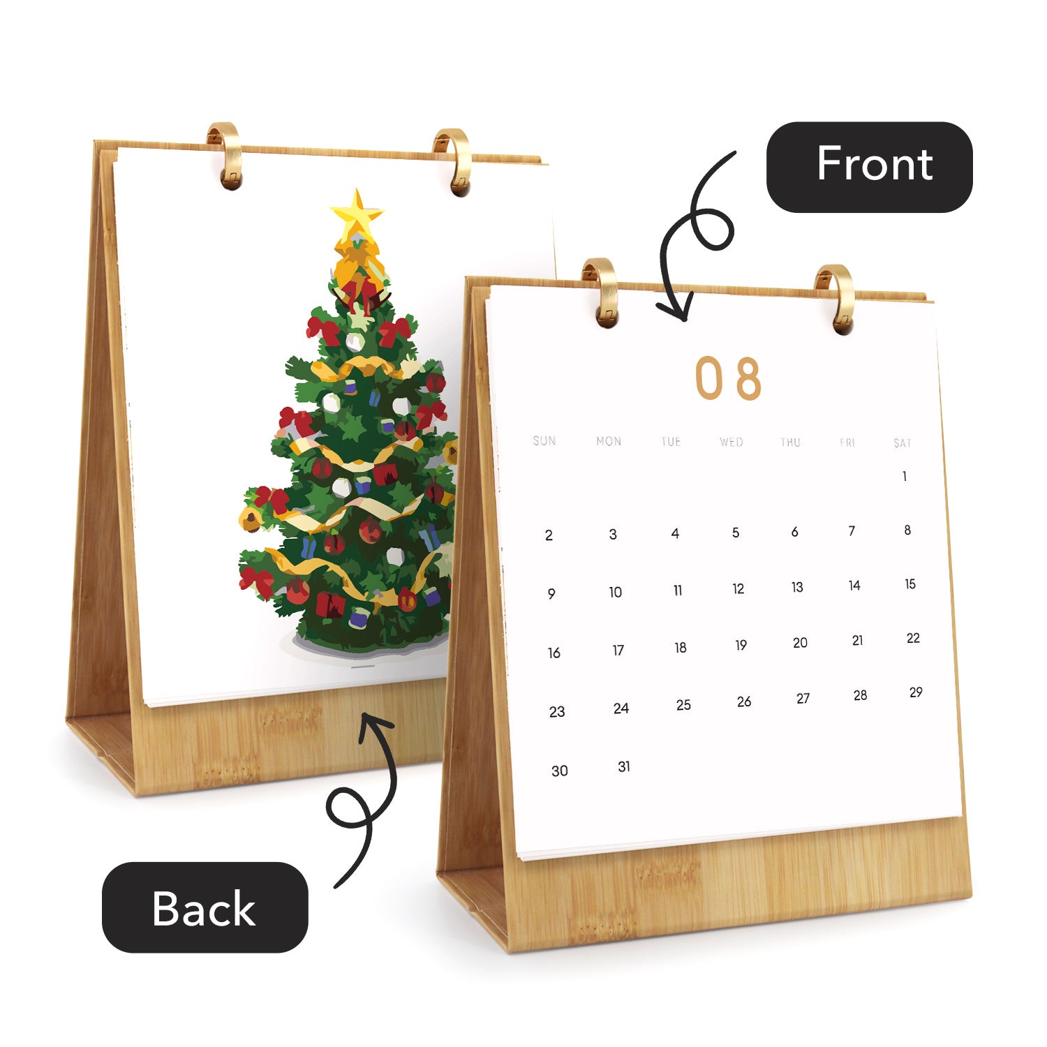 Calendario con diseño de árbol de Navidad en el frente, que muestra vistas frontal y posterior.