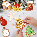 Decorative Christmas ornaments including a gingerbread house, bell, stocking, gingerbread man, snowman, and tree on a snowy background.