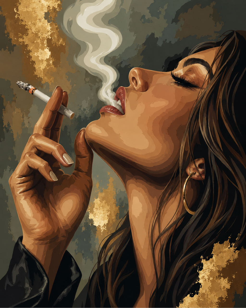 A woman in profile holding a cigarette as pale smoke curls against a dark background.