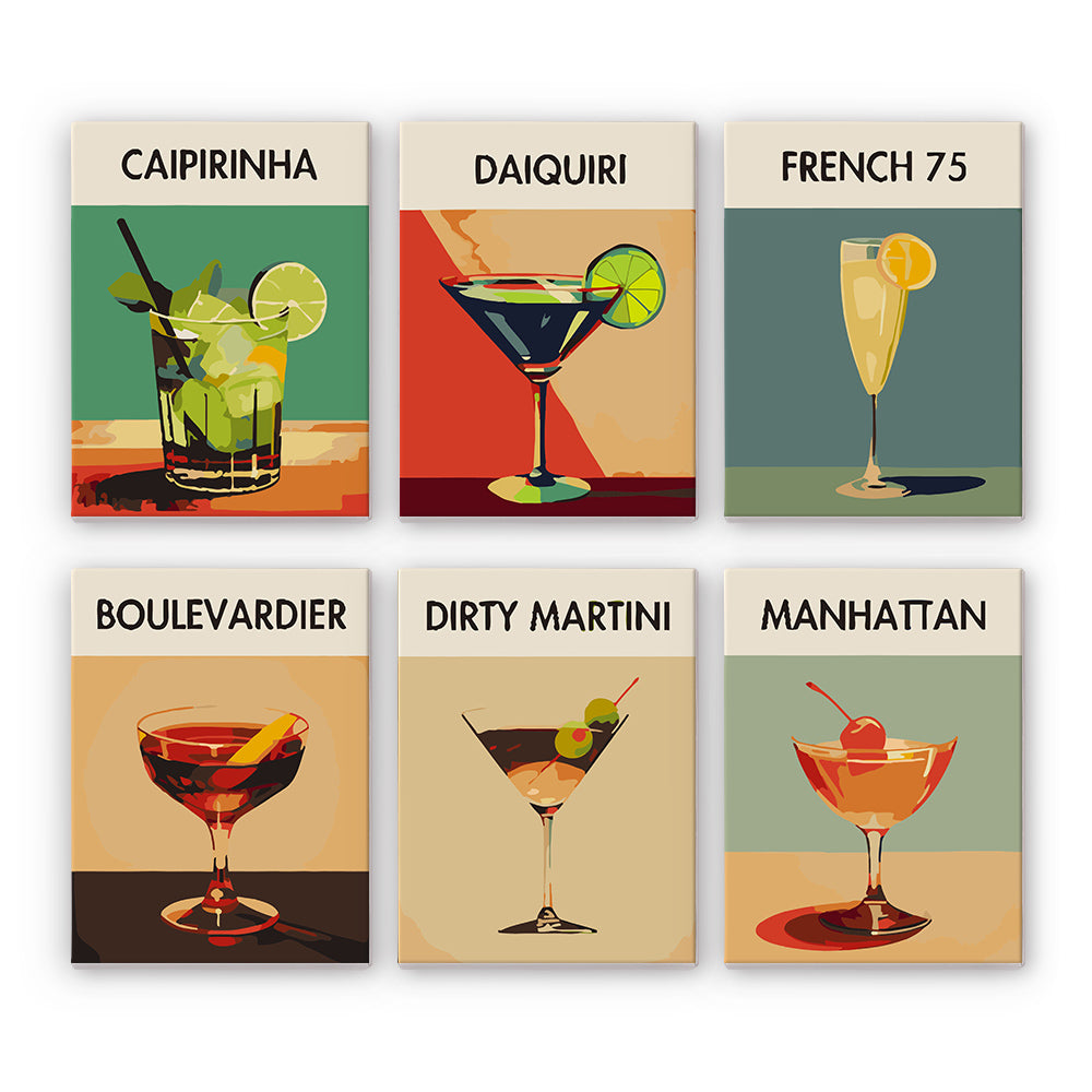 A set of six canvas paint by numbers kits with illustrations of different cocktails, including Caipirinha, Daiquiri, French 75, Boulevardier, Dirty Martini, and Manhattan, each on a different colored background.