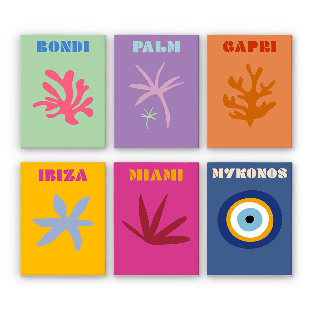 Eine Sammlung von sechs Malen-nach-Zahlen-Sets „Mini Escapes“, jedes mit einem farbenfrohen Hintergrund mit einem natürlichen Element wie einer Palme oder Koralle und beschriftet mit einem anderen Ziel wie Bondi, Palme und Mykonos.