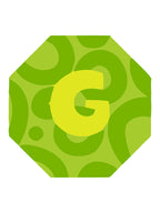 Green octagonal coaster with a yellow letter 'G' on a white background