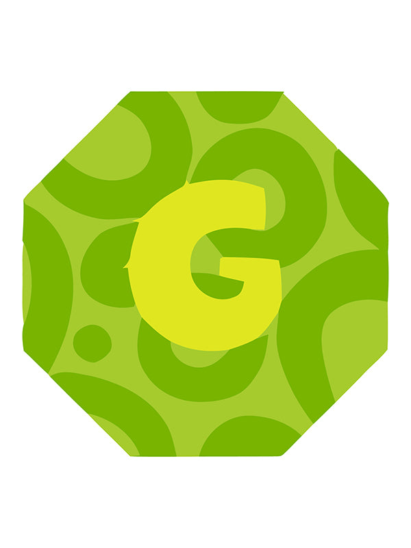 Green octagonal coaster with a yellow letter 'G' on a white background
