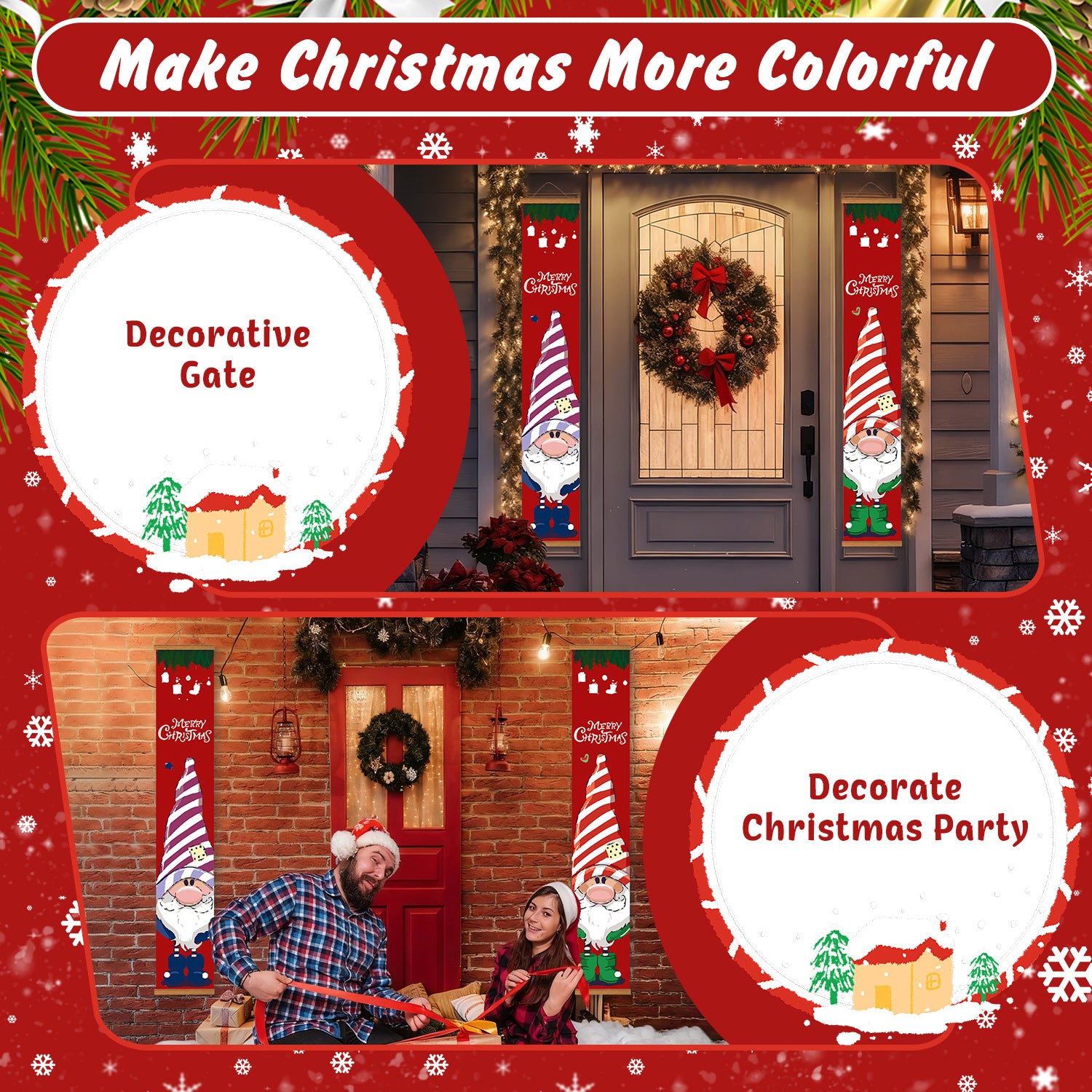 Decorative Christmas gate with festive designs and text on a red background.