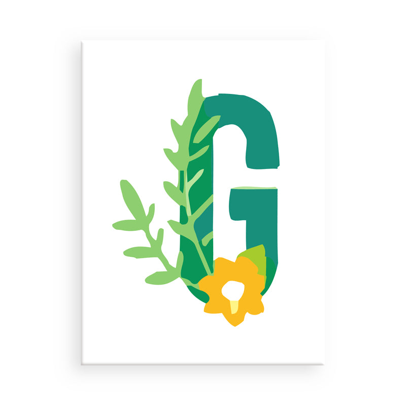Letter 'G' with green leaves and a yellow flower on a white background