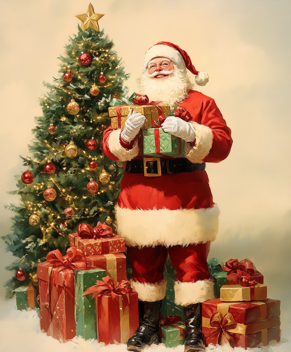 A paint by numbers kit depicting Santa Claus with a red suit, standing by a Christmas tree with presents.