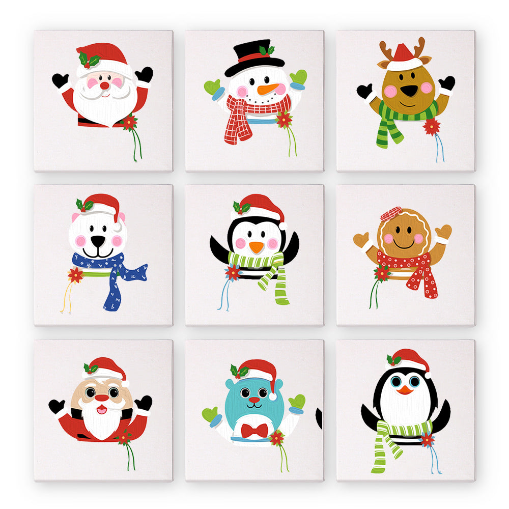 A set of nine paint-by-numbers kits with Christmas-themed characters including Santa, snowmen, and penguins.