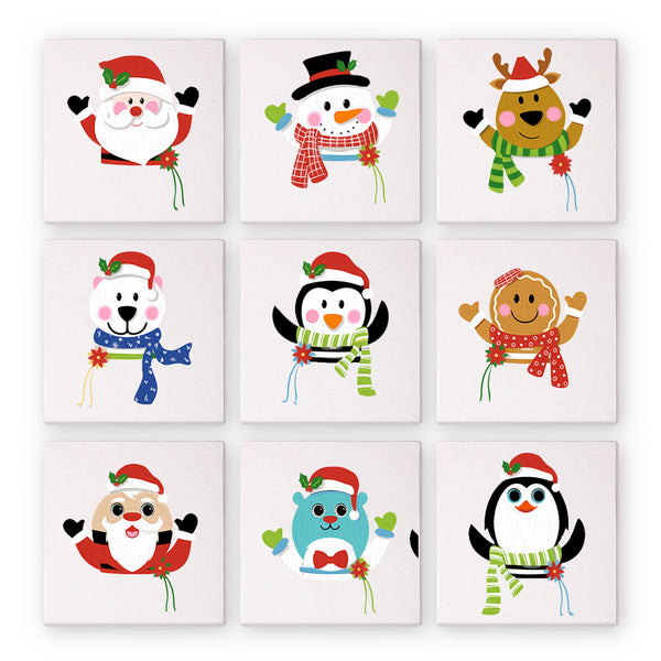 A set of nine paint-by-numbers kits with Christmas-themed characters including Santa, snowmen, and penguins.