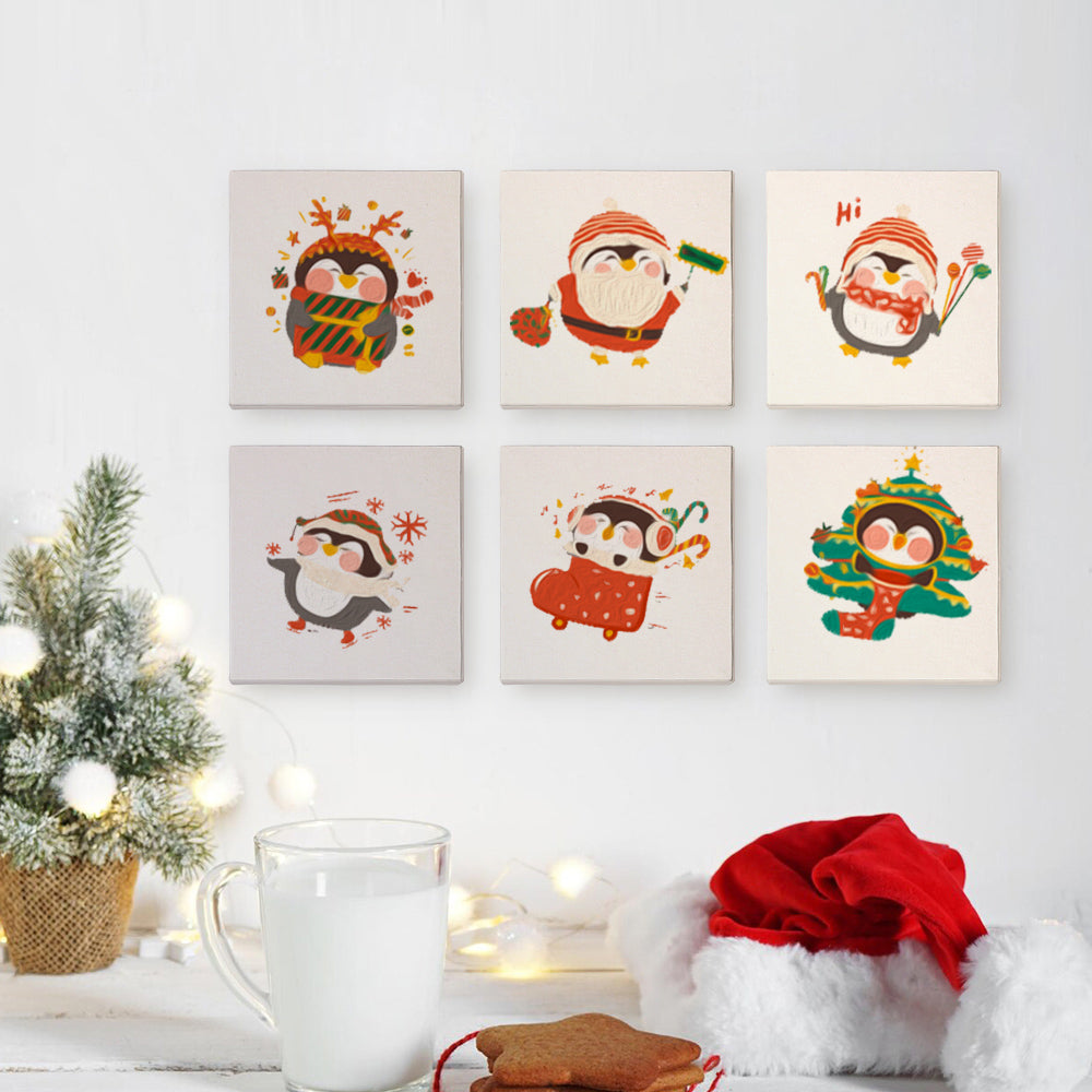 Colorful winter wonderland scene with playful penguins