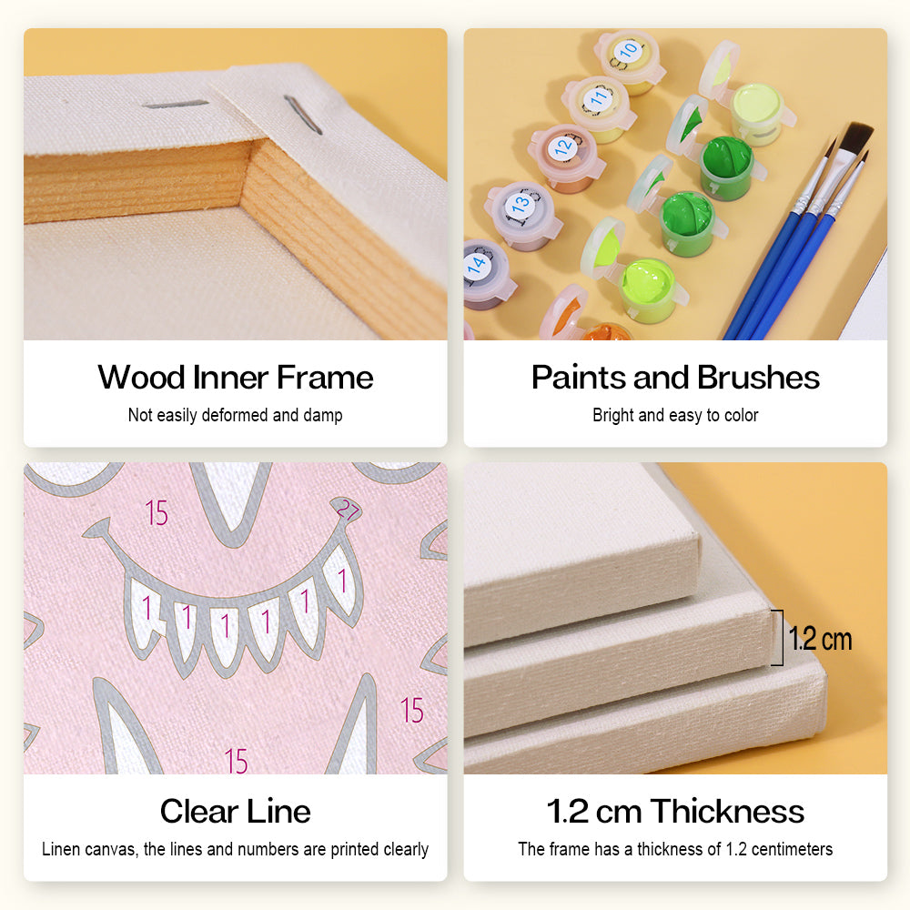 Collage of art supplies including a wood inner frame, paints and brushes, clear line linen canvas, and measurements.