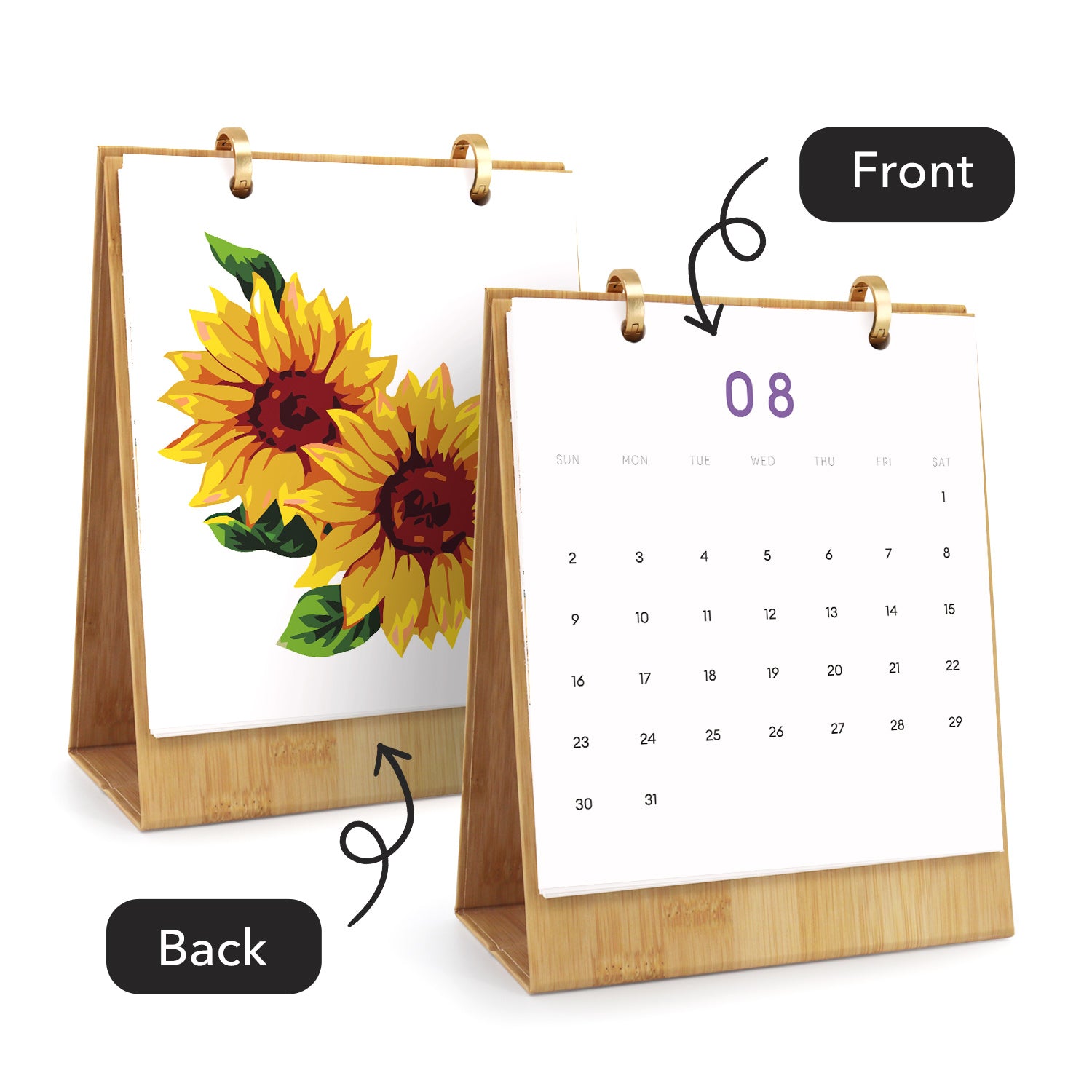 Calendar with sunflower design on front, showing both front and back views.