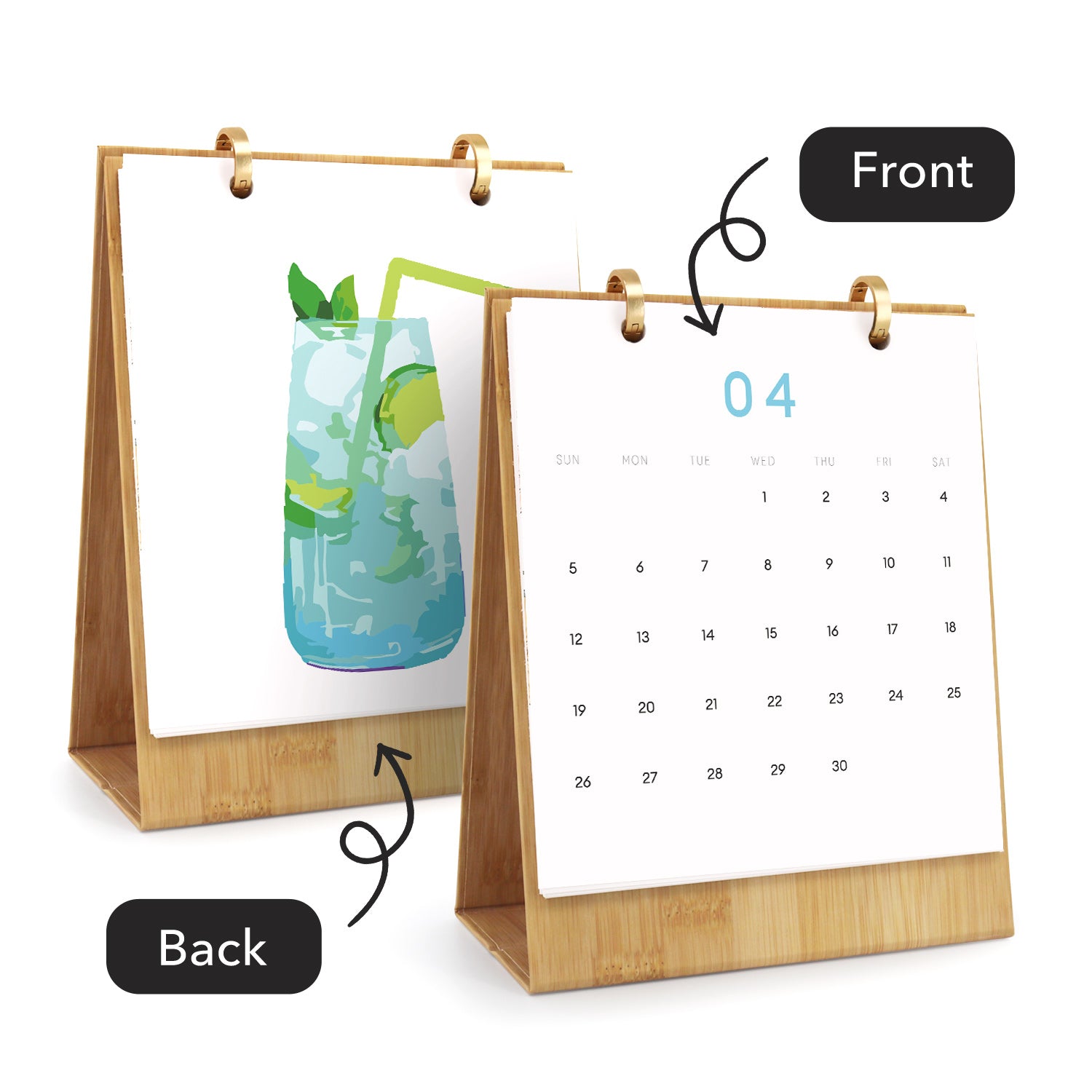 Calendar with a wooden stand showing front and back views on a white background