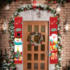 Decorative Christmas door with festive banners and wreath against a brick wall.