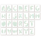 Alphabet cards with green leaf designs on a white background